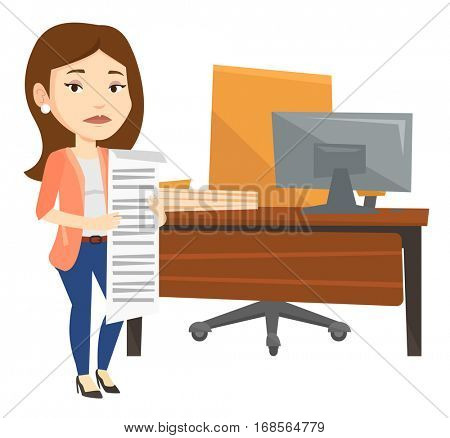 Sad business woman standing in office with long bill. Disappointed business woman holding long bill. Business woman looking at long bill. Vector flat design illustration isolated on white background.