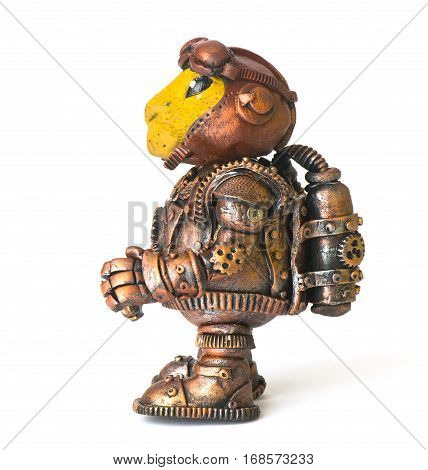 Steampunk robot. Rabbit egg tool. Cyberpunk style. Chrome and bronze parts. Isolated on white.