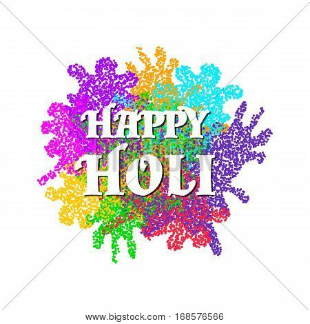 Vivid colorful background and text Happy Holi for Indian spring festival. Festive design with colored particles. Bright multicolor surface for posters banners flyers cards invitations etc