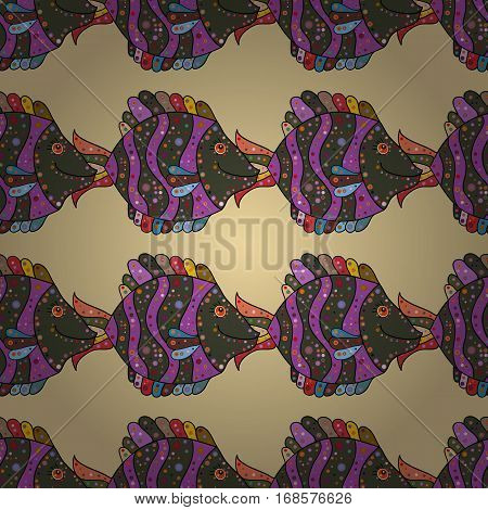 Drawn Cartoon Fish Seamless Pattern Nautical Vector Background. Abstract Yellow Fish In A Row On A Y