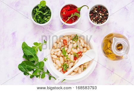 Boiled White Beans In A Bowl. Diet Food. Healthy Lifestyle. Sports Nutrition. Flat Lay. Top Iew