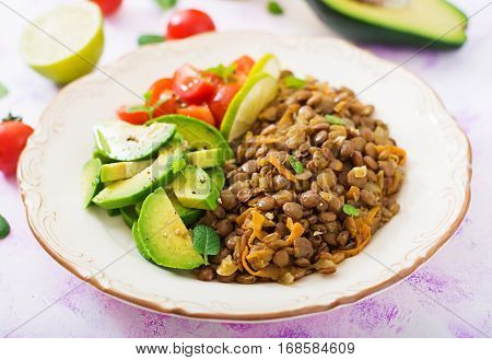 Diet Menu. Healthy Lifestyle. Lentils Porridge And Fresh Vegetables - Tomatoes And Avocado On Plate.