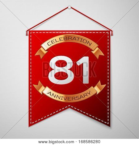 Red pennant with inscription Eighty one Years Anniversary Celebration Design over a grey background. Golden ribbon. Colorful template elements for your birthday party. Vector illustration