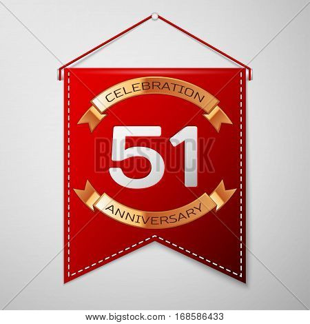 Red pennant with inscription Fifty one Years Anniversary Celebration Design over a grey background. Golden ribbon. Colorful template elements for your birthday party. Vector illustration