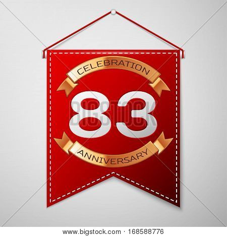Red pennant with inscription Eighty three Years Anniversary Celebration Design over a grey background. Golden ribbon. Colorful template elements for your birthday party. Vector illustration
