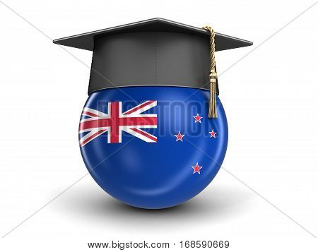 3D Illustration. Graduation cap and New Zealand flag. Image with clipping path