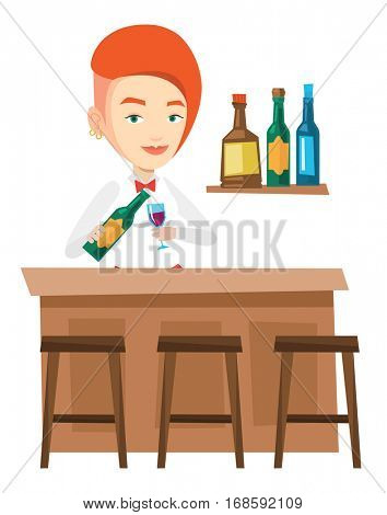 Young bartender standing at the bar counter. Bartender with bottle and glass in hands. Bartender pouring wine in a glass. Vector flat design illustration isolated on white background.