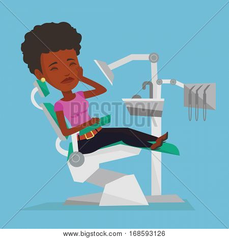 Young african-american female patient visiting dentist because of toothache. Sad patient suffering from toothache. Woman having a strong toothache. Vector flat design illustration. Square layout.
