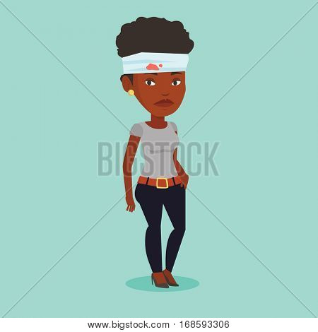 Upset african-american woman with bandages over her head. Sad injured woman with a bandaged head. Full length of young woman wounded in head. Vector flat design illustration. Square layout.