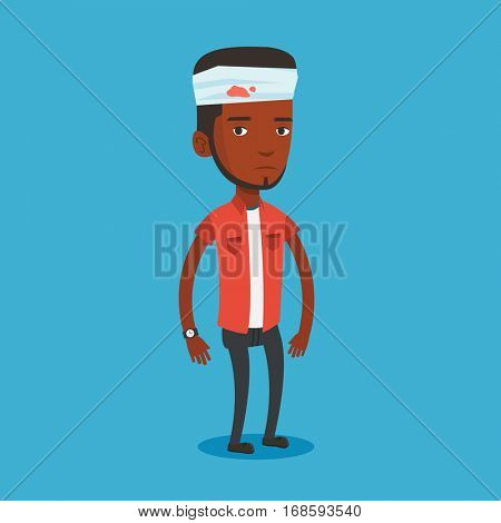 Upset african-american man with bandages over her head. Sad injured man with a bandaged head. Full length of young man wounded in head. Vector flat design illustration. Square layout.