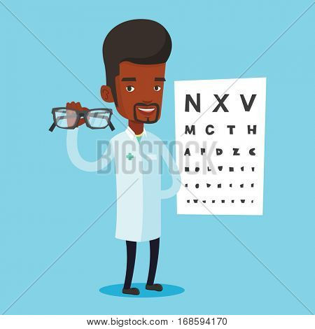 African-american oculist doctor giving glasses. Professional ophthalmologist holding eyeglasses on the background of eye chart. Oculist offering glasses. Vector flat design illustration. Square layout