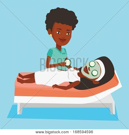 Cosmetologist applying cosmetic mask on face of woman in beauty salon. Woman with face mask relaxing in beauty salon. Girl having beauty treatments. Vector flat design illustration. Square layout.