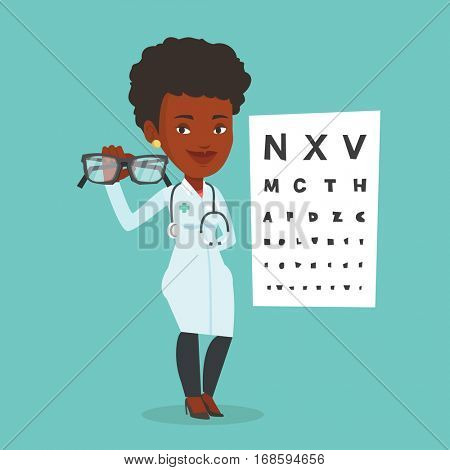 African-american oculist doctor giving glasses. Professional ophthalmologist holding eyeglasses on the background of eye chart. Oculist offering glasses. Vector flat design illustration. Square layout