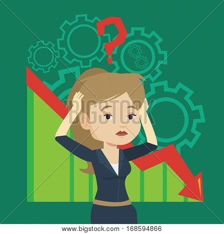 Bankrupt clutching head on the background with cogwheels and chart going down. Woman with big question mark above her head. Business bankruptcy concept. Vector flat design illustration. Square layout.