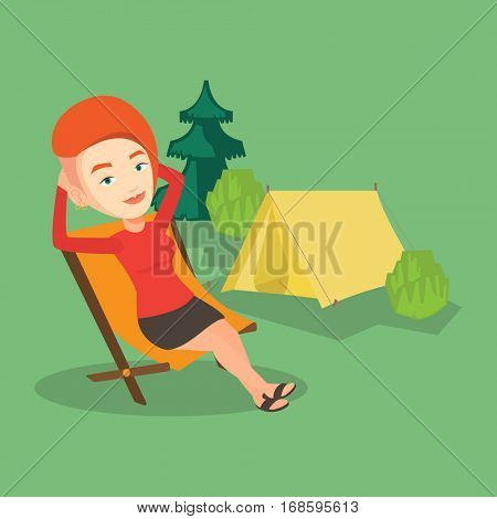 Caucasian woman relaxing in camping. Woman sitting in folding chair on the background of camping site with tent. Woman enjoying her vacation in camping. Vector flat design illustration. Square layout.