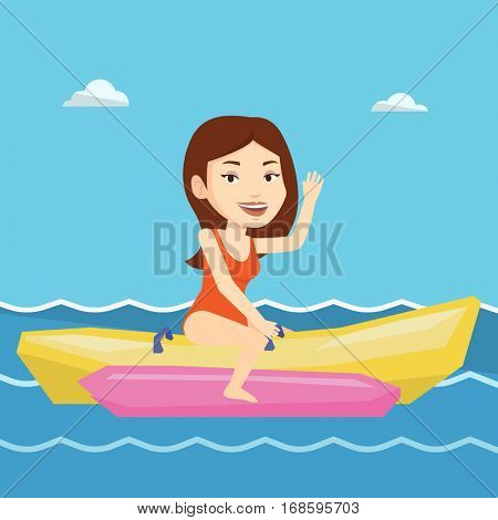 Caucasian tourists riding a banana boat and waving hand. Young woman having fun on banana boat in the sea. Smiling woman enjoying ride on banana boat. Vector flat design illustration. Square layout.