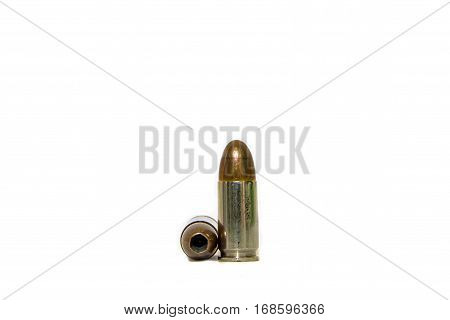 9 mm pistol bullet two shots on a white background.