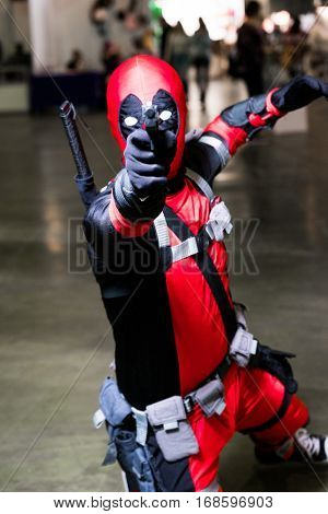 Moscow, Russia - November 20, 2016: Cosplayer posing at the Gamefilmexpo festival dedicated to video games, TV series and comics, anime, manga, cosplay.