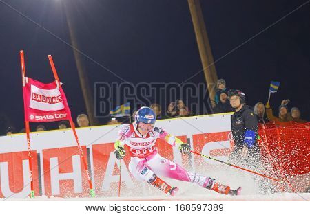 STOCKHOLM SWEDEN - JAN 31 2017: Mikaela Shiffrin (USA) winner in the downhill skiing parallel slalom makes a turn at the Alpine Audi FIS Ski World Cup - city event January 31 2017 Stockholm Sweden