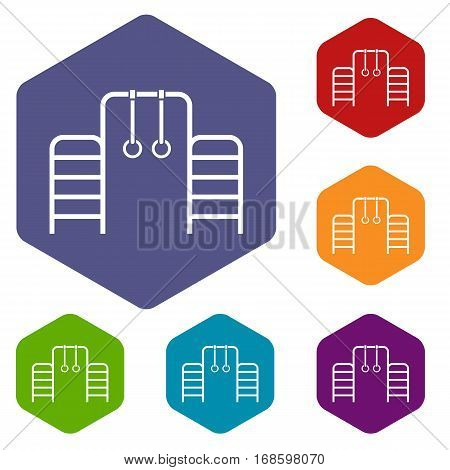 Horizontal bar with climbing rings and ladder icons set rhombus in different colors isolated on white background