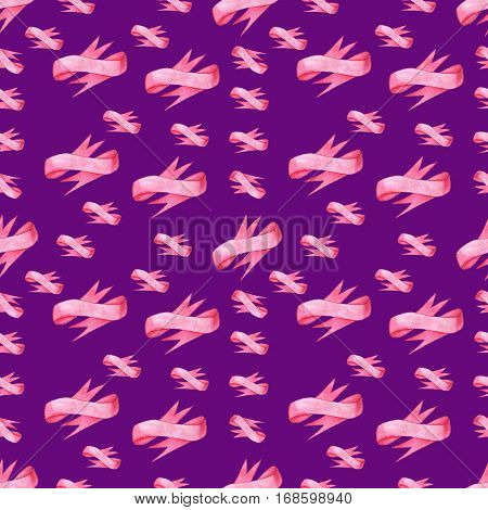 Seamless pattern of pink bows ribbon on lilac background. Could be used for paper or in design