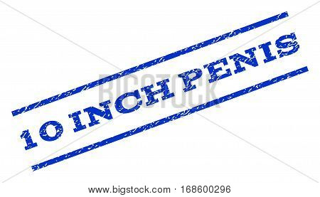 10 Inch Penis watermark stamp. Text caption between parallel lines with grunge design style. Rotated rubber seal stamp with dirty texture. Vector blue ink imprint on a white background.