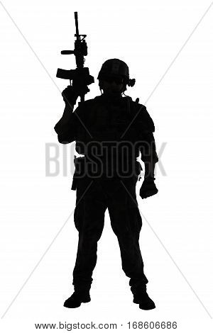 United states Marine Corps special operations command Marsoc raider with weapon. Silhouette of of Marine Special Operator white background full body