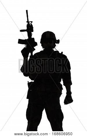 United states Marine Corps special operations command Marsoc raider with weapon. Silhouette of of Marine Special Operator white background