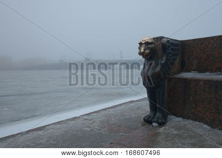 Foggy evening and Grifon in St. Petersburg
