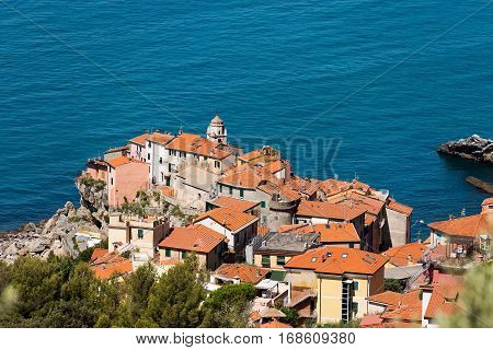 Aerial view of Tellaro ancient and small village near Lerici La Spezia in the Golfo dei Poeti (Gulf of Poets or Gulf of La Spezia) Italy