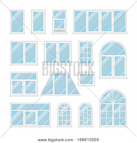 Set of transparetn windows with opacity blue glass. White frame and different shapes. Realistic vector illustration.