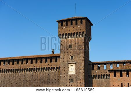 Detail of Sforza Castle XV century (Castello Sforzesco) in Milan Lombardy Italy with Tower of Bona and Giovia