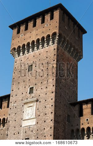 Detail of Sforza Castle XV century (Castello Sforzesco) in Milan Lombardy Italy with Tower of Bona