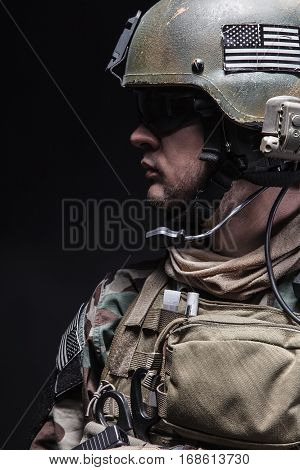 United states Marine Corps special operations command Marsoc raider. Studio shot of Marine Special Operator black background
