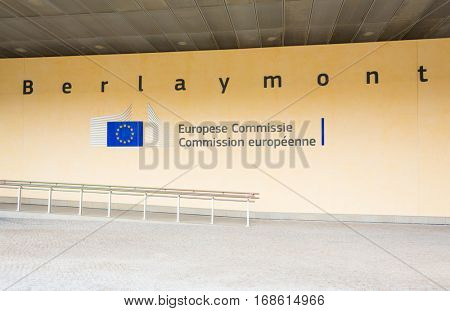 BRUSSELS, BELGIUM - AUG 9, 2014: Berlaymont building entrance. Berlaymont houses headquarters of European Commission.