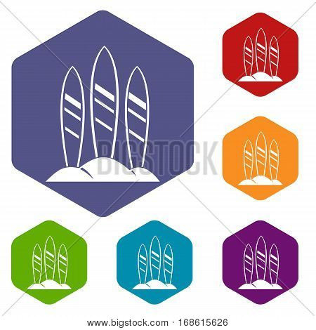 Serfing board icons set rhombus in different colors isolated on white background
