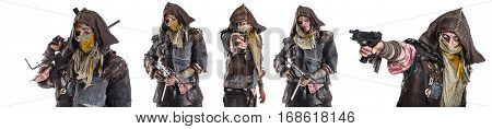Set of nuclear post apocalypse survivors with homemade weapons aiming a gun on white background. Life after doomsday concept