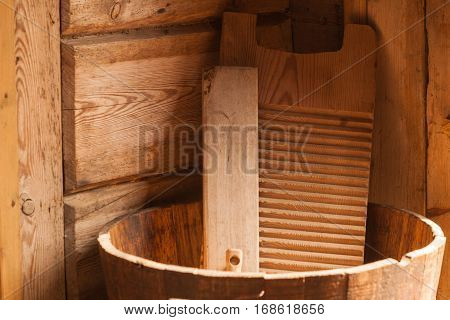 Wooden Washboard And Bowl Made Of Boards