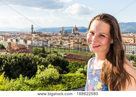 View Of A Girl At The Michelangelo Square In Florence In Italy