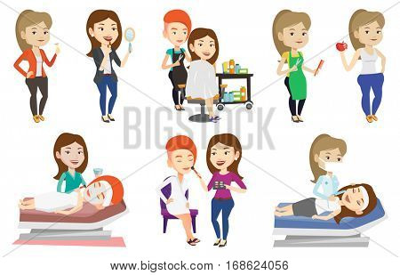 Visagiste applying makeup on woman face. Visagiste doing makeup to young girl. Visagiste doing makeup to a model using a brush. Set of vector flat design illustrations isolated on white background.