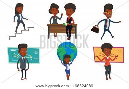 Bancrupt standing on the background of decreasing chart. Bancrupt business man with spread arms. Business bankruptcy concept. Set of vector flat design illustrations isolated on white background.