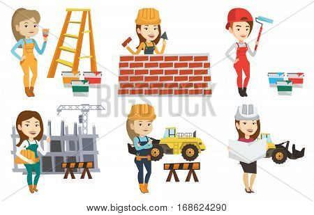 Caucasian engineer with a blueprint at construction site. Engineer holding twisted blueprint. Engineer checking construction works. Set of vector flat design illustrations isolated on white background