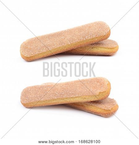 Couple of ladyfinger savoiardi biscuit cookies, composition isolated over the white background, set of two different foreshortenings