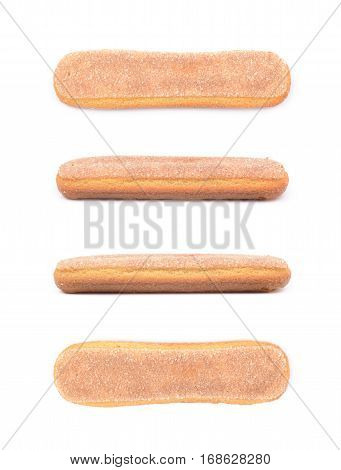 Single ladyfinger savoiardi biscuit cookie isolated over the white background, set of four different foreshortenings