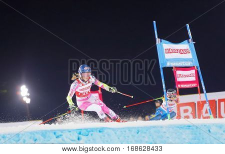 STOCKHOLM SWEDEN - JAN 31 2017: Mikaela Shiffrin (USA) fighting againt Frida Hansdotter (SWE) in the downhill skiing parallel slalom at the Alpine Audi FIS Ski World Cup - city event January 31 2017 Stockholm Sweden