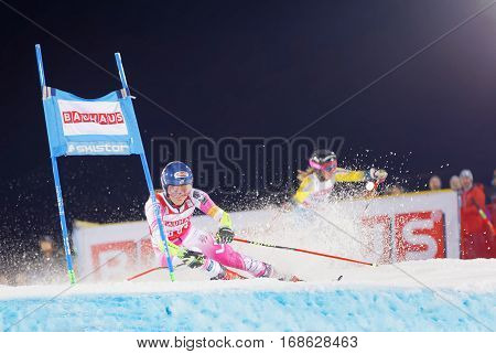 STOCKHOLM SWEDEN - JAN 31 2017: Mikaela Shiffrin (USA) fighting againt Frida Hansdotter (SWE) in the downhill skiing parallel slalom at the Alpine Audi FIS Ski World Cup - city event January 31 2017 Stockholm Sweden