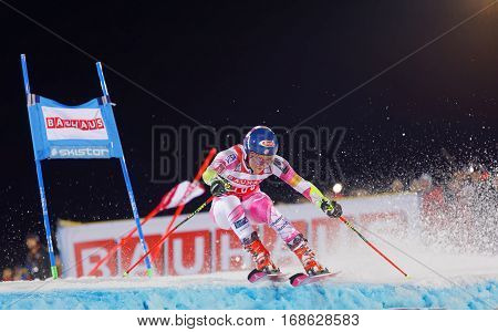 STOCKHOLM SWEDEN - JAN 31 2017: Mikaela Shiffrin (USA) winner in the downhill skiing parallel slalom at the Alpine Audi FIS Ski World Cup - city event January 31 2017 Stockholm Sweden