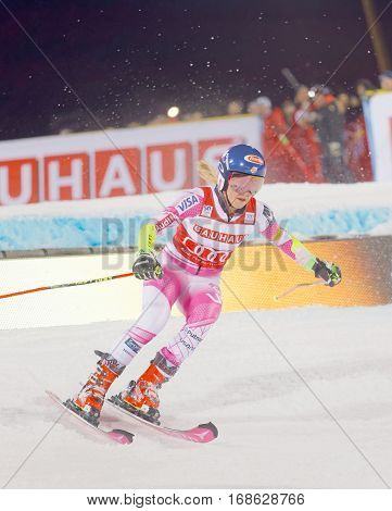 STOCKHOLM SWEDEN - JAN 31 2017: Mikaela Shiffrin (USA) landing after a jump in the downhill skiing parallel slalom at the Alpine Audi FIS Ski World Cup - city event January 31 2017 Stockholm Sweden