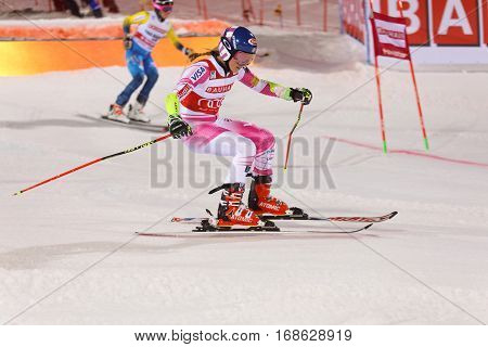 STOCKHOLM SWEDEN - JAN 31 2017: Mikaela Shiffrin (USA) and Frida Hansdotter (SWE) in the downhill skiing parallel slalom at the Alpine Audi FIS Ski World Cup - city event January 31 2017 Stockholm Sweden