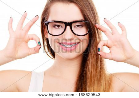 Happy Nerdy Teenage With Brace Wearing Eyeglasses